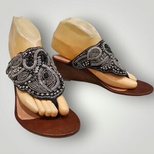 JEFFREY CAMPBELL Dadeland 8M Beaded Embellished Leather Wedge Thong Sandals